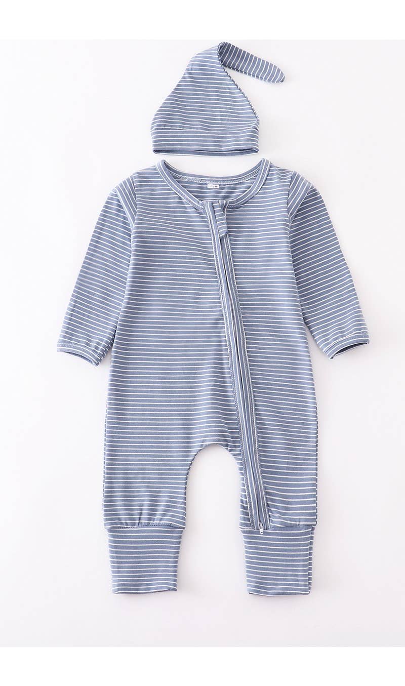 Blue stripe baby romper with hat | Honeydew