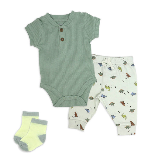 Boys 3 Piece Rib Henley Set: Dinosaur